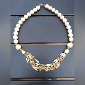 Vintage Faux Pearl & Gold Chain Necklace, with White Beads, Box Clasp, 2…